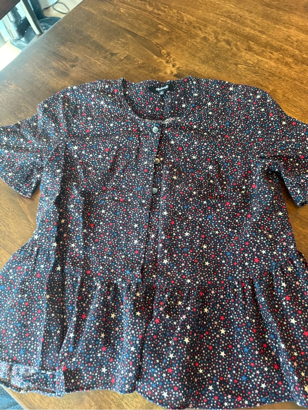 Sold - Navy Star-Print Peplum Blouse with Pink & White Stars
